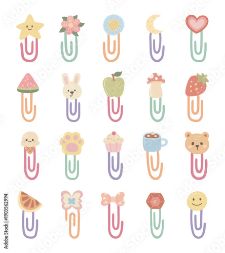 Paper clip set in scandinavian style featuring stationery decoration animal food sweet office school organizer supply for your creative design projects
