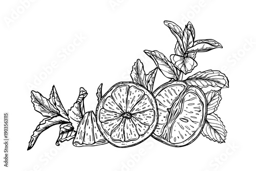 Monochrome vector orange citrus among melissa branches illustration painted by black inks. Etching drawing of tropical fruit with mint herbs for beverage branding, spa menus, healthy food packaging