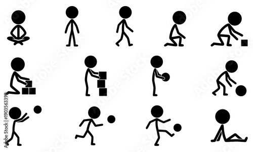 Black silhouette illustration set of child activities and development stages including walking, playing with blocks, ball games, sitting, crawling, and movement