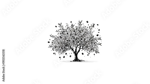 Stylized Black and White Tree Illustration with Falling Leaves, Organic Nature Design Element
