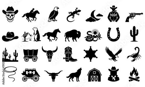 Black wild west silhouette icon set featuring cowboy, revolver, horse, skull, desert animals, cactus, sheriff star, wagon, and western symbols