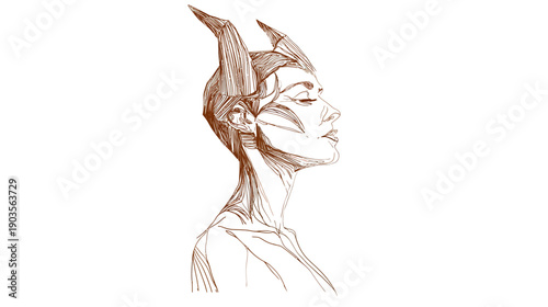 Detailed profile sketch of a fantasy woman with majestic horns, hand-drawn illustration art of a mythical creature concept.