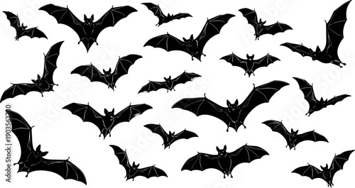 Flying bat silhouettes collection isolated on white background spooky halloween wildlife vector illustration set dark night animals design graphic elements