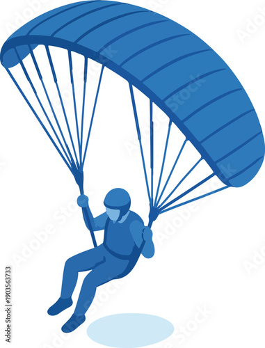Skydiver in blue suit descending with parachute skydiving