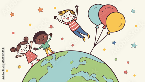 Children and animals enjoying a joyful hot air balloon adventure over the globe