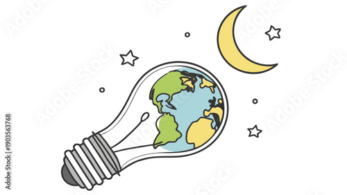 Inspiration symbolized by a light bulb with a world and moon inside