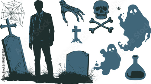 Spooky Halloween Vector Collection: Ghosts, Skull, Gravestones, Spiderweb, Mysterious Man Silhouette, Potion