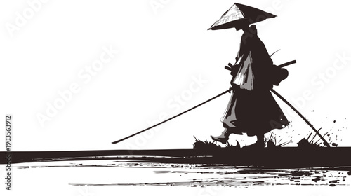 Mysterious lone warrior silhouette walking with two swords, traditional East Asian illustration with grunge brush strokes