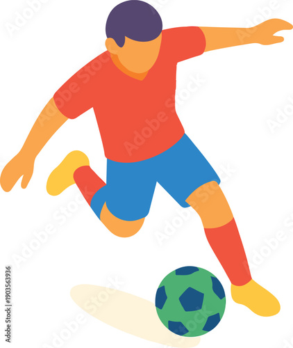 Soccer player kicking a green and blue soccer ball