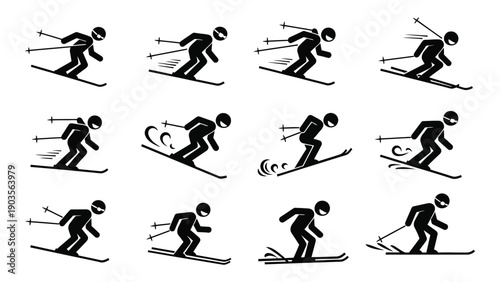 A collection of black and white stick figure illustrations depicting various skiing poses and actions. Vector