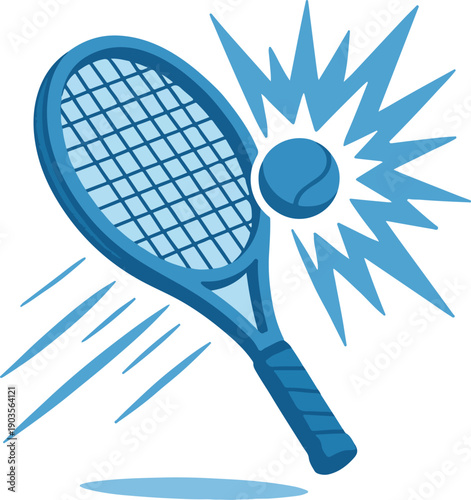 Tennis racket hitting tennis ball with blue energy bursts on white background