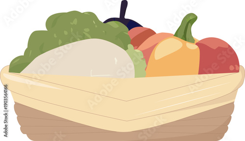 Flat vector vegetable harvest set: tomatoes, carrots, lettuce, cucumbers, peppers, zucchini, pumpkin. Textured style, rich natural colors, simple shapes, cozy farm aesthetic