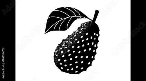 Hand drawn black and white illustration of a tropical fruit with textured skin and a leaf. Monochrome graphic design element.