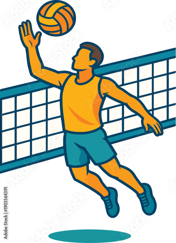 Volleyball player spiking ball over net on white background
