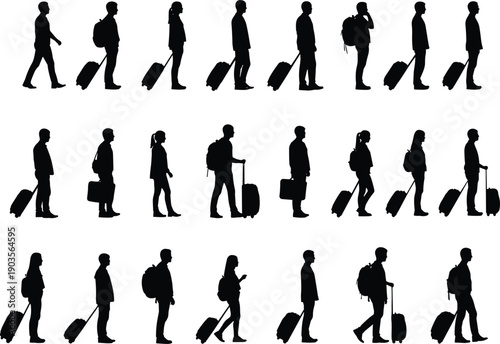 Traveler silhouette icon set, airport passenger illustration, rolling suitcase artwork, transit lifestyle design, travel people vector, black and white graphic