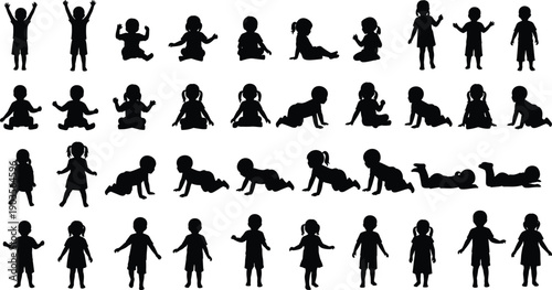 Baby and toddler silhouette collection isolated on white background, child growth poses, crawling sitting standing kids vector illustration set