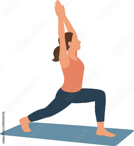 Woman in yoga pose on blue mat on white background