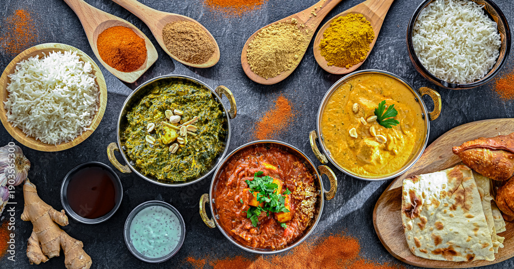 custom made wallpaper toronto digitalComposition with indian dishes: madras paneer, palak paneer and shahi paneer with basmati rice served in original indian karahi pots