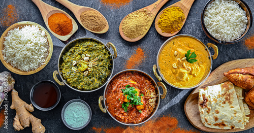 Wallpaper Mural Composition with indian dishes: madras paneer, palak paneer and shahi paneer with basmati rice served in original indian karahi pots Torontodigital.ca