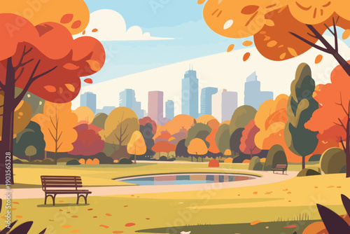 Autumn city park with pond, benches, colorful trees, and skyline in background, symbolizing seasonal change and urban nature harmony.