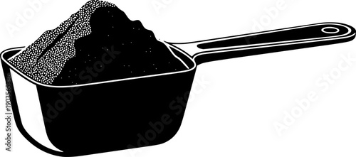 Plastic scoop measuring powder for nutrition, sports, cooking, or household use
