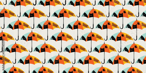 Brightly Colored Cute Cat Umbrella Ornament Pattern Forms a Fun Visual Rhythm