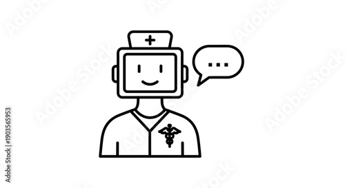 Doctor Robot AI Assistant with Speech Bubble, Minimalist Medical Icon, Black and White Outline