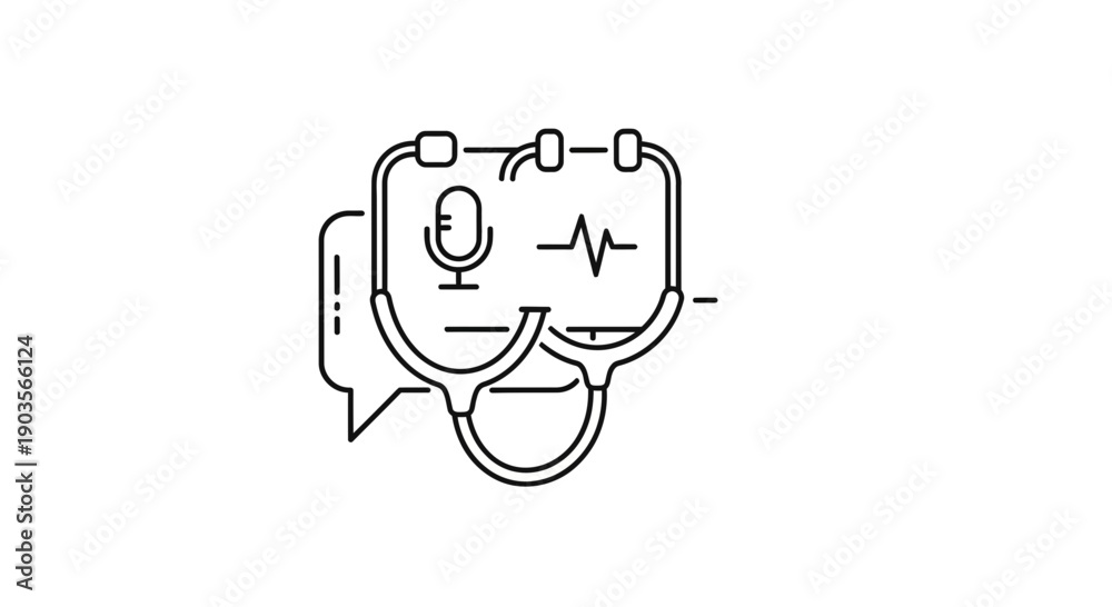 Obraz premium Medical Icon: Stethoscope, Microphone, Heartbeat, Chat Bubble - Healthcare UI