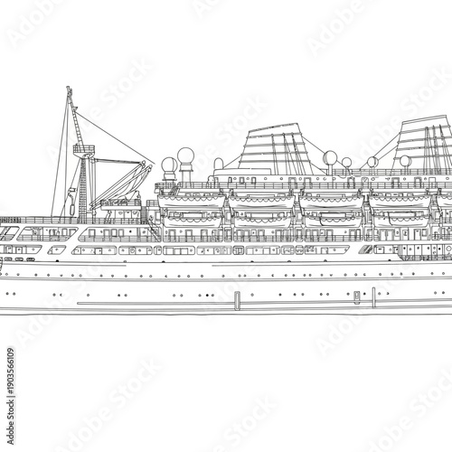 Detailed Blueprint Illustration of a Large Passenger Ship.