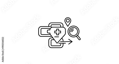 Medical Location Pin Icon with Magnifying Glass and Arrow