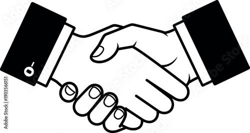 Black and white business handshake icon illustrating corporate partnership agreement, successful deal closing, and professional teamwork cooperation symbol for finance.