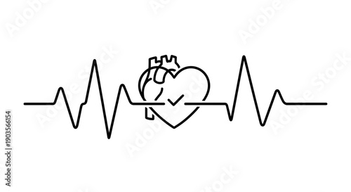 Minimalist Heartbeat EKG Line with Anatomical Heart Icon - Black and White