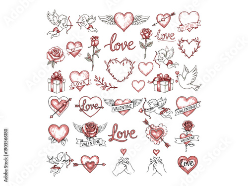 Hand Sketched Romantic Valentine Clipart Collection  Design a hand sketched Valentine clipart collection with pencil style outlines, artistic rough texture and creative romantic mood for printable 