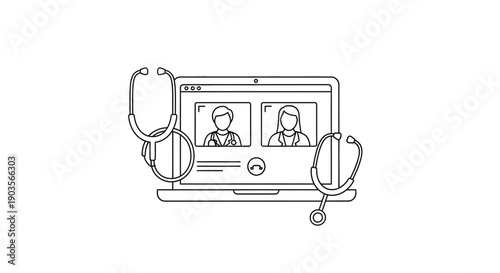 Telemedicine Laptop with Stethoscopes: Remote Doctor Consultation Online