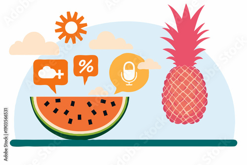 Watermelon slice with speech bubbles showing cloud sync, discount %, and voice input icons beside a stylized pineapple, flat vector for health app onboarding