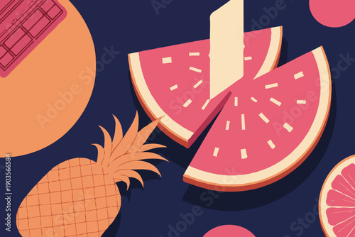 Abstract composition of overlapping watermelon slices, pineapple, and partial keyboard on dark background, flat vector for digital wellness productivity theme