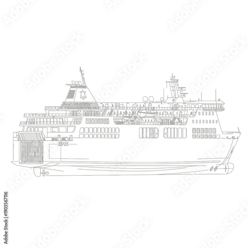 Detailed Outline Drawing of a Large Passenger Ferry Boat.