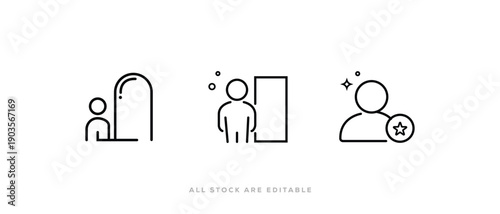 User profile, Account Management Line Icon. Human avatar icon set, coaching, door, feedback, rating, doorway and star achievement outline icon. Vector Illustration