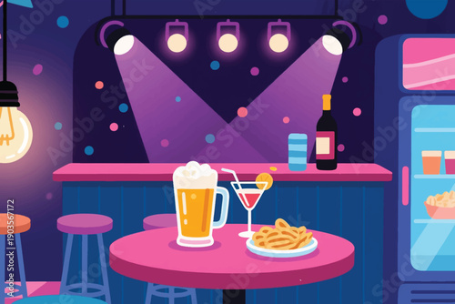 Colorful bar lounge with drinks, fries, neon lights, and festive atmosphere, symbolizing casual dining and nightlife fun.