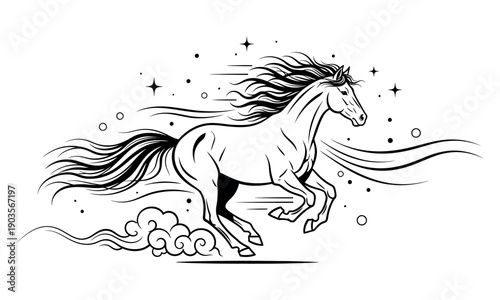 Artistic ink sketch vector illustration of a galloping horse. Features a flowing mane, wind effects, and celestial stars, symbolizing freedom and speed for the Lunar New Year.