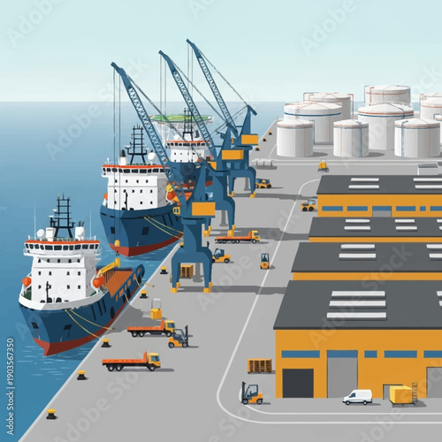 Cargo ships docked at a busy port with cranes and industrial buildings.