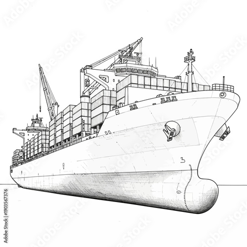 Detailed Sketch of a Large Cargo Ship Loaded with Containers.