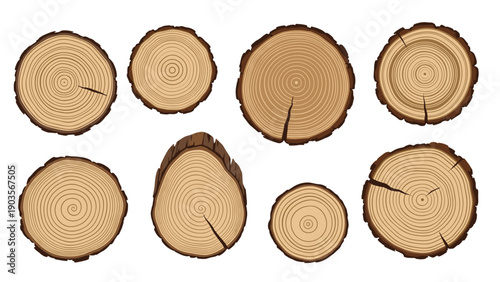 Set of different wooden cross-sections from tree trunks showcasing unique grain patterns and age rings on a white background.