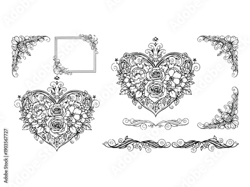 Create an elegant floral focused Valentine illustration set with rich details, decorative ornaments and premium artistic composition.