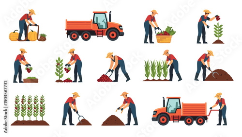 Diverse agricultural scenes show farmers harvesting crops, driving tractors, and tending to plants in a large farm field setting.