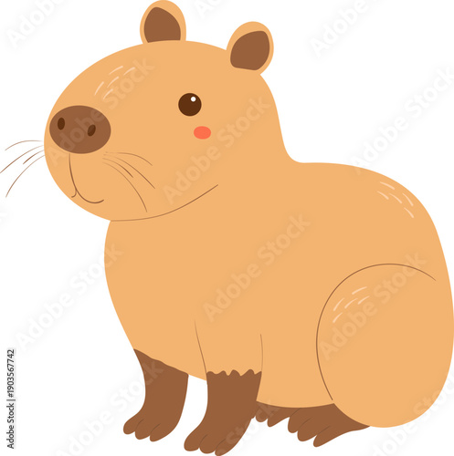 Large cute capybara sitting, isolated on white background. Realistic cartoon style illustration of the world's largest rodent