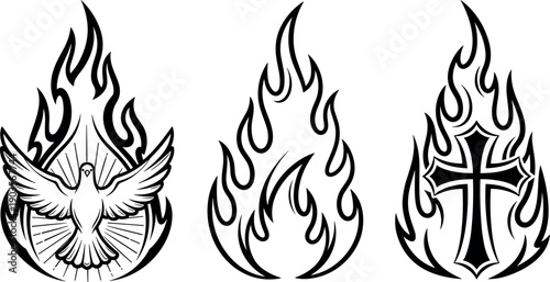Sacred flame symbols with dove and cross in bold black line art style, spiritual fire icons representing faith, holy spirit and religious design concepts