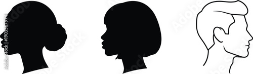 Male and female head profile icons with solid silhouettes and outline hairstyle minimal black vector illustration set