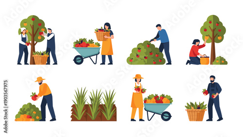 Collection of farm workers and gardeners harvesting various fruits and vegetables like apples and tomatoes in an orchard or garden.