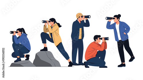 Group of diverse men and women in various poses using binoculars to observe something in the distance against a white background.